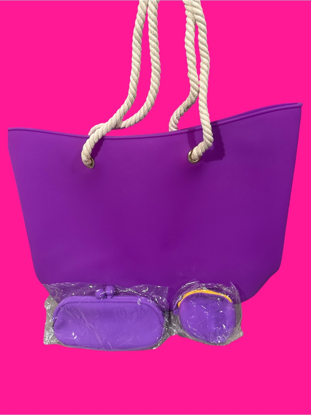 Purple Tote Bag with Rope Handles and Matching Pouches